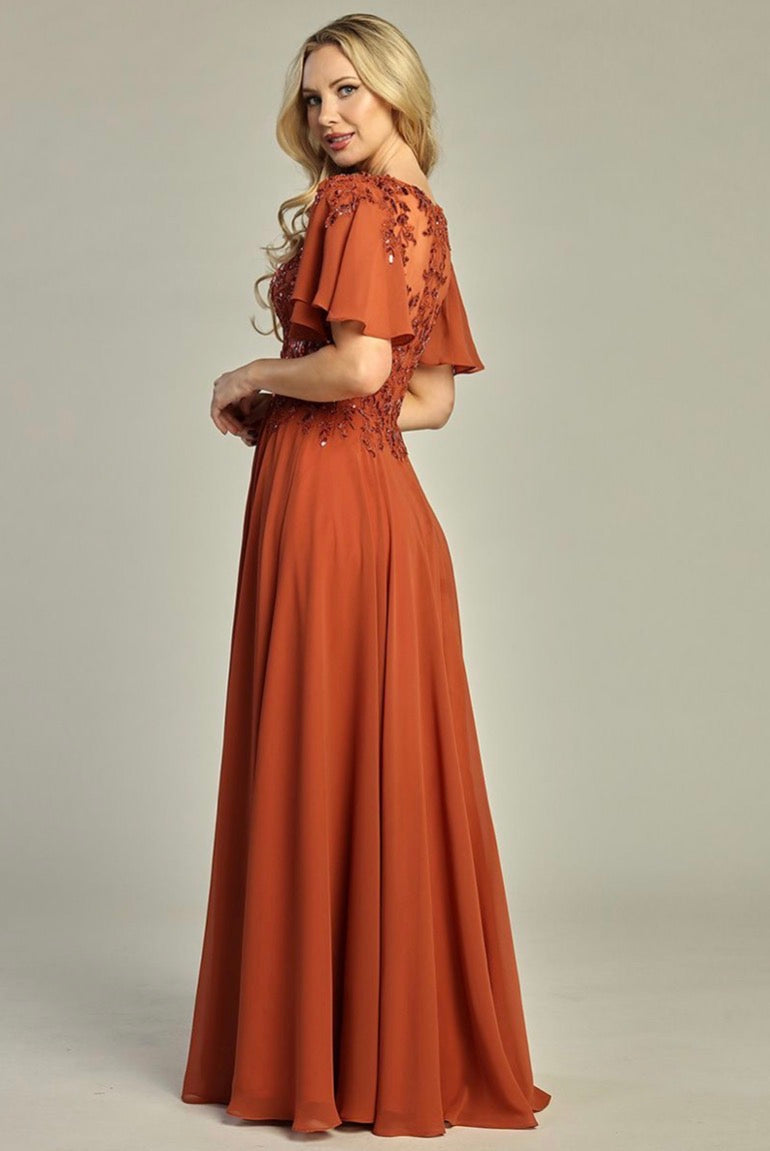 3-D Flower Embroidery Chiffon A-line Long Dress w/ chiffon Short Sleeves. 7962K by LET´S CORP