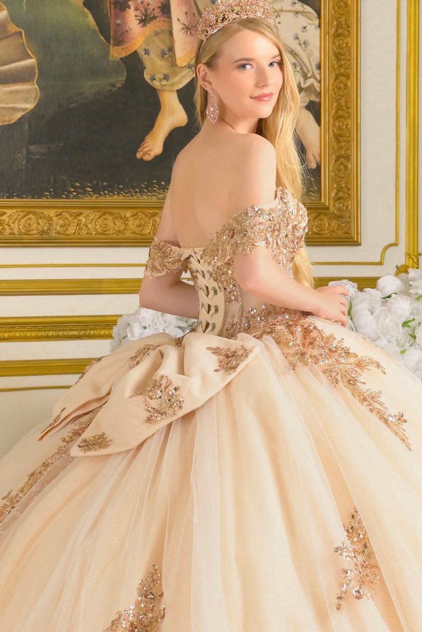 embellished off-the-shoulder straps that frame a flattering V-neckline corset bodice. Gl3816 Y ELIZABETH K