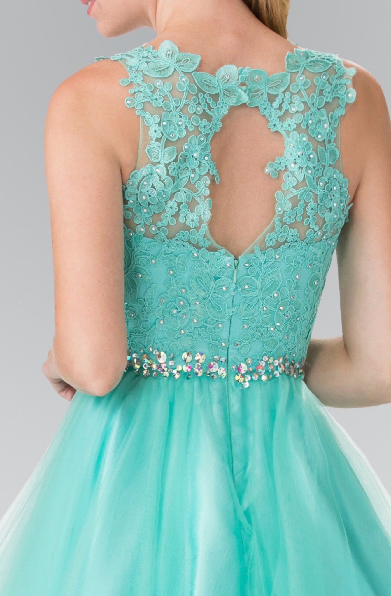 Lace Illusion Top A-line Short Dress with Beaded Waist. GS2375 GLS by Elizabeth K
