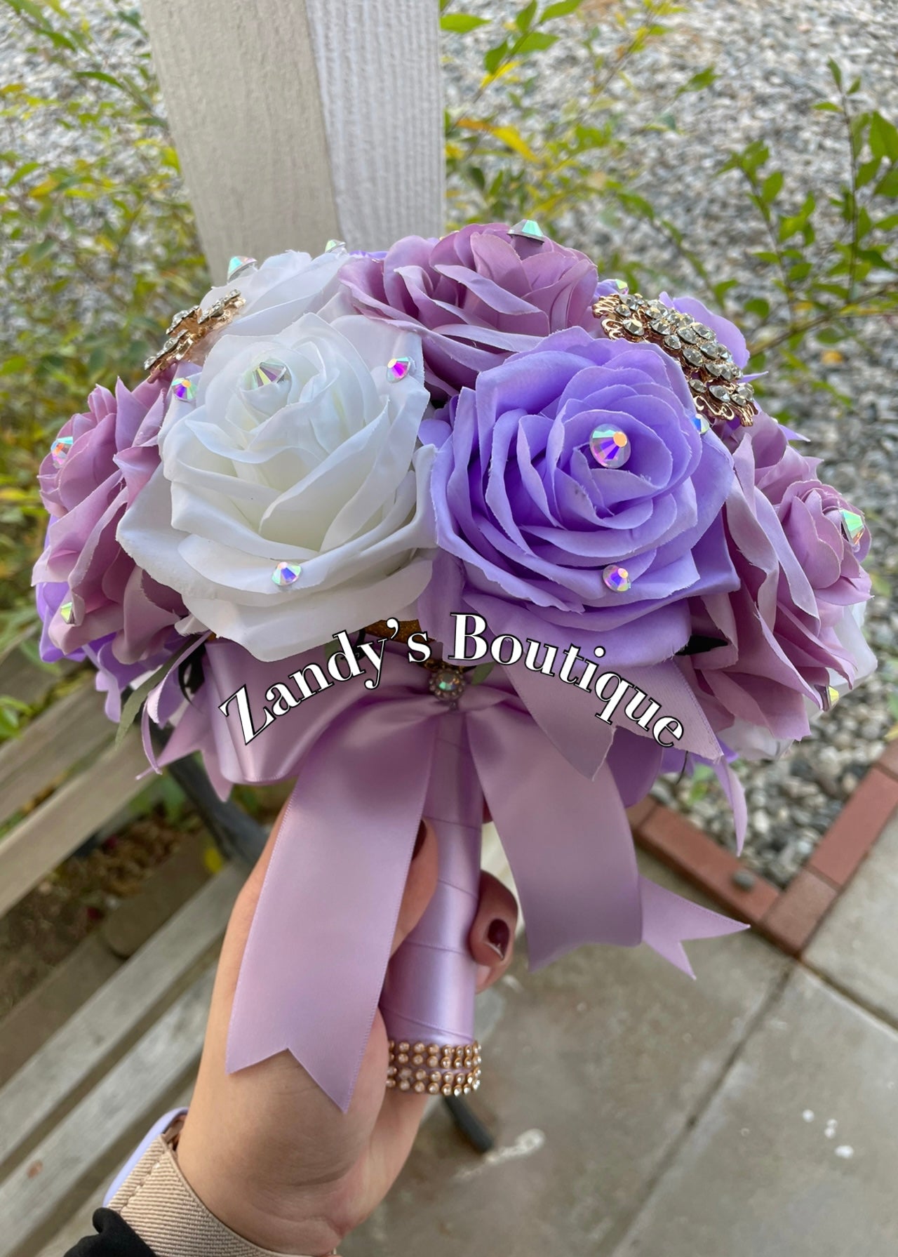 Lavender, Lilac, and Ivory with Gold Brooches Bouquet. LALIV025 by MARINA’S CRAFT. PREORDER AVAILABLE!