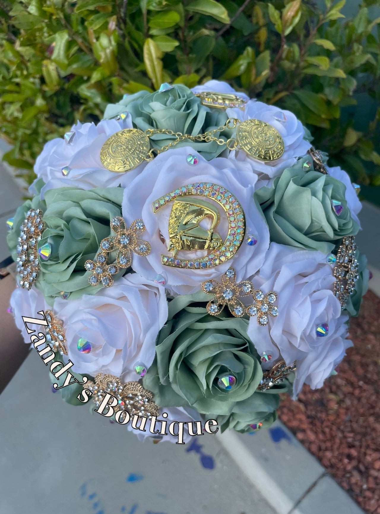 Sage and Cream with Gold Charro Brooches Bouquet. SCRRO016 by MARINA'S CRAFT.