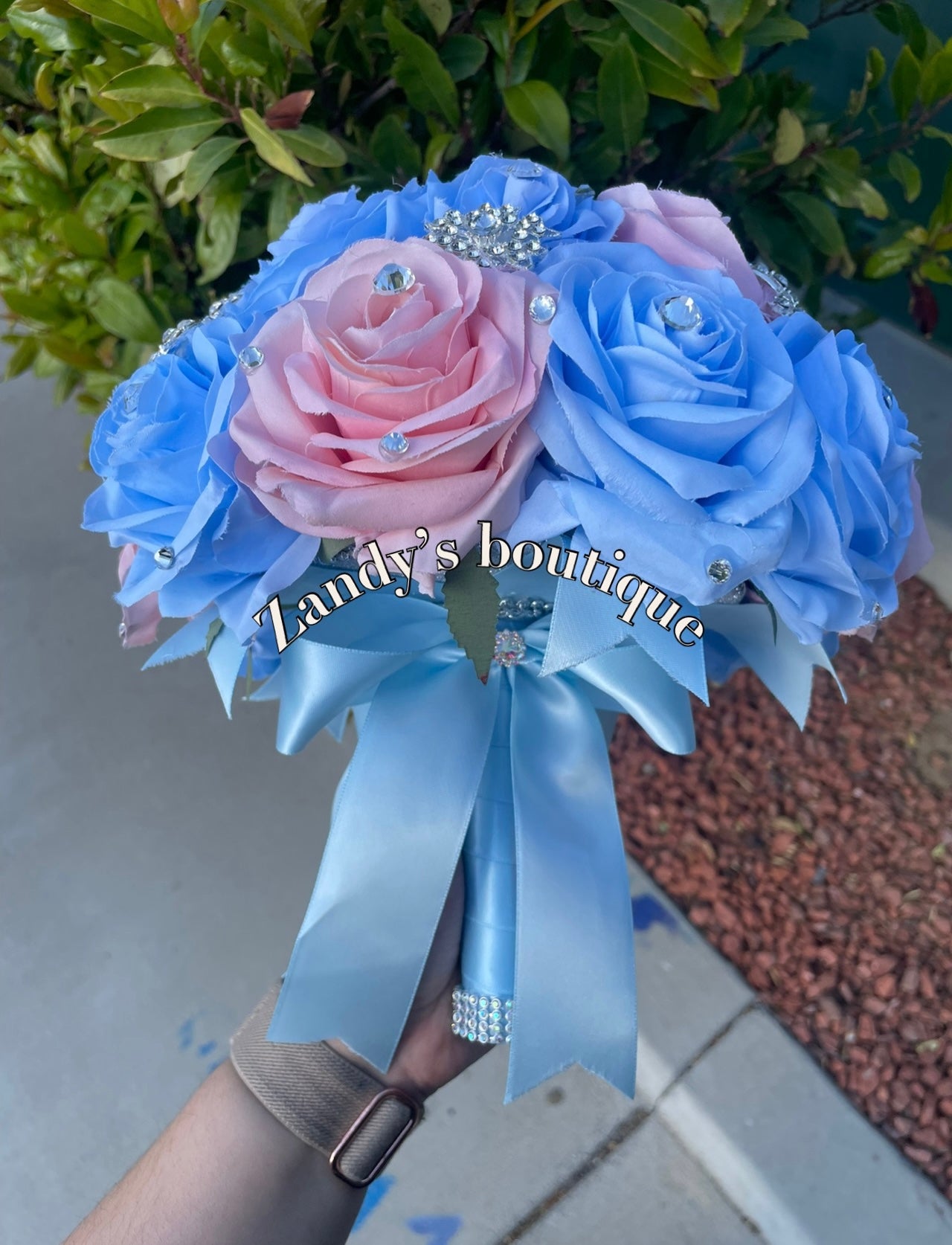 Light Blue and Blush with Silver Butterfly Brooches Bouquet. LBBL013 by MARINA'S CRAFT.
