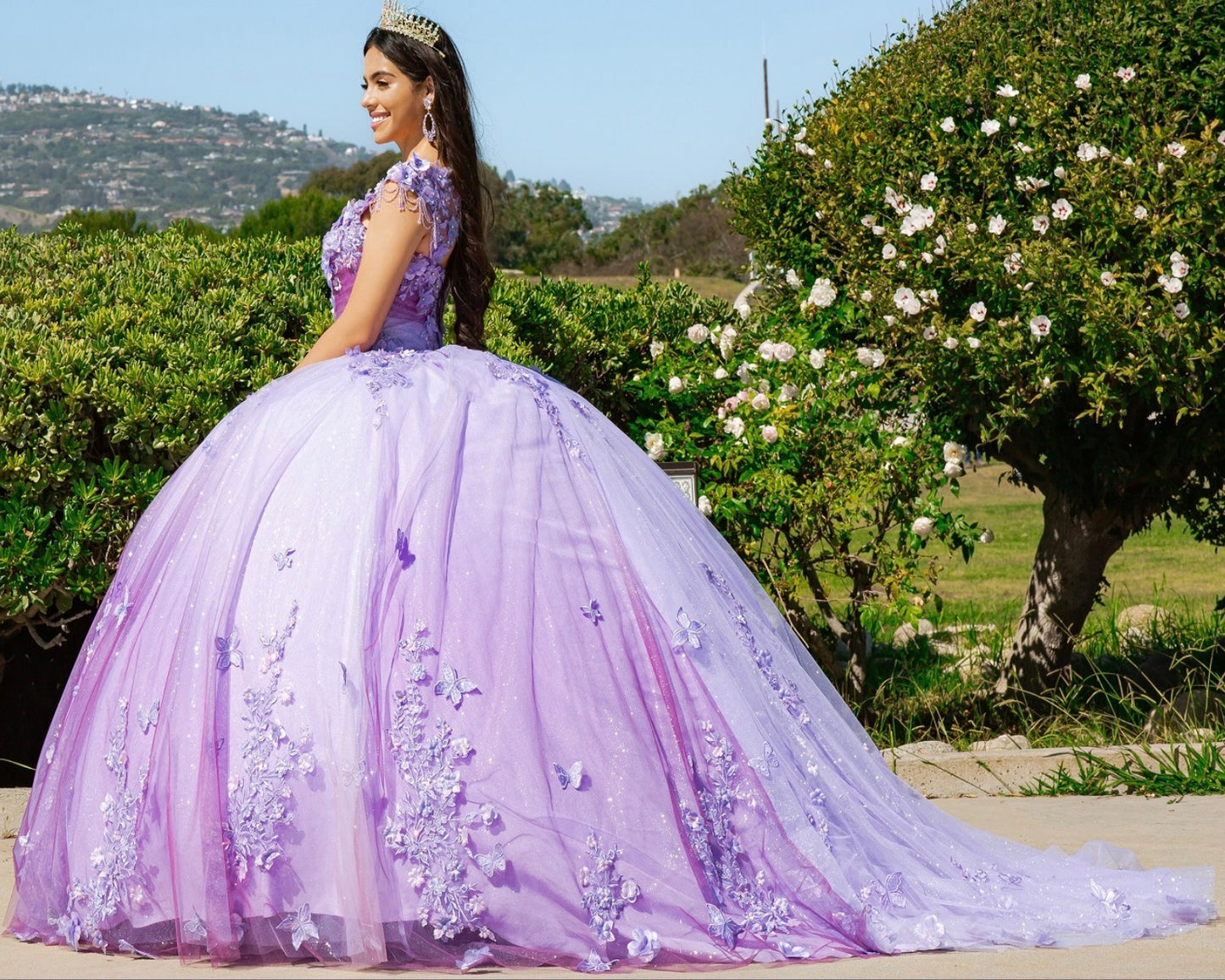 Ombre multiple layers tulle skirt with lace appliques, lace-up back and sweep train. 8088J by Cinderella Couture