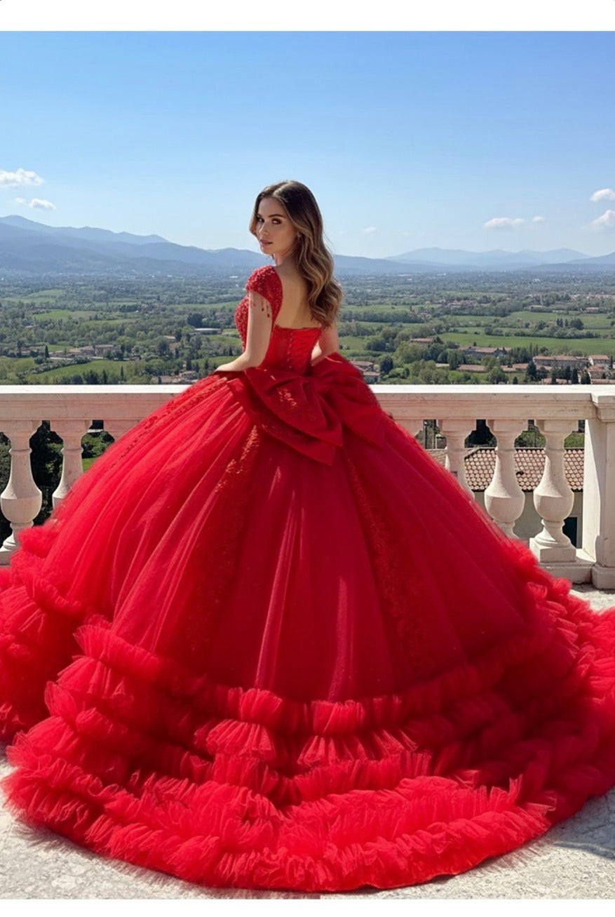 Ruffled hem quince dress. PQ1107 BY BELLA COUTURE