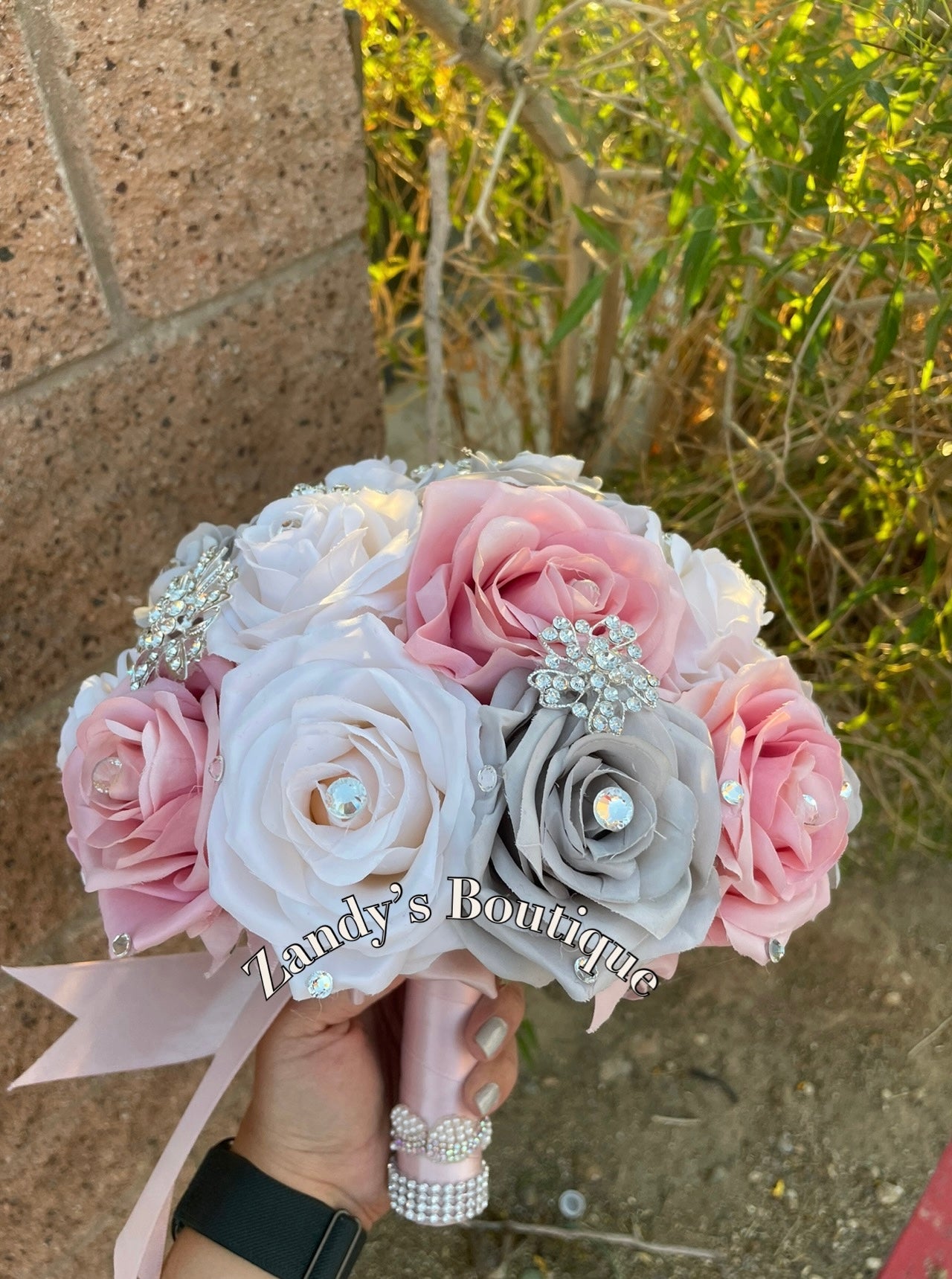 Silver, Blush and Cream Bouquet with Silver Brooches. BLSCR043 by MARINA’S CRAFT. PREORDER AVAILABLE!
