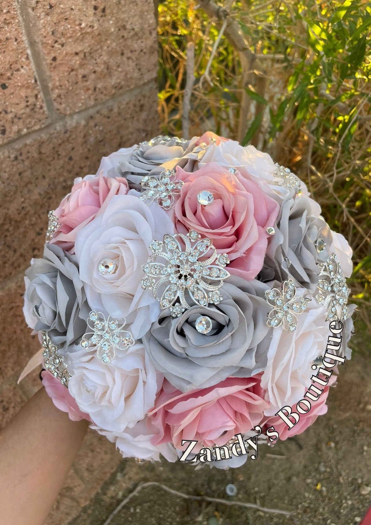 Silver, Blush and Cream Bouquet with Silver Brooches. BLSCR043 by MARINA’S CRAFT. PREORDER AVAILABLE!
