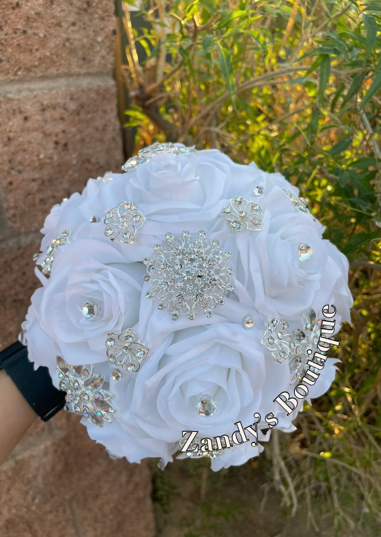 Small White Bouquet with Silver Brooches.WTE042 by MARINA’S CRAFT