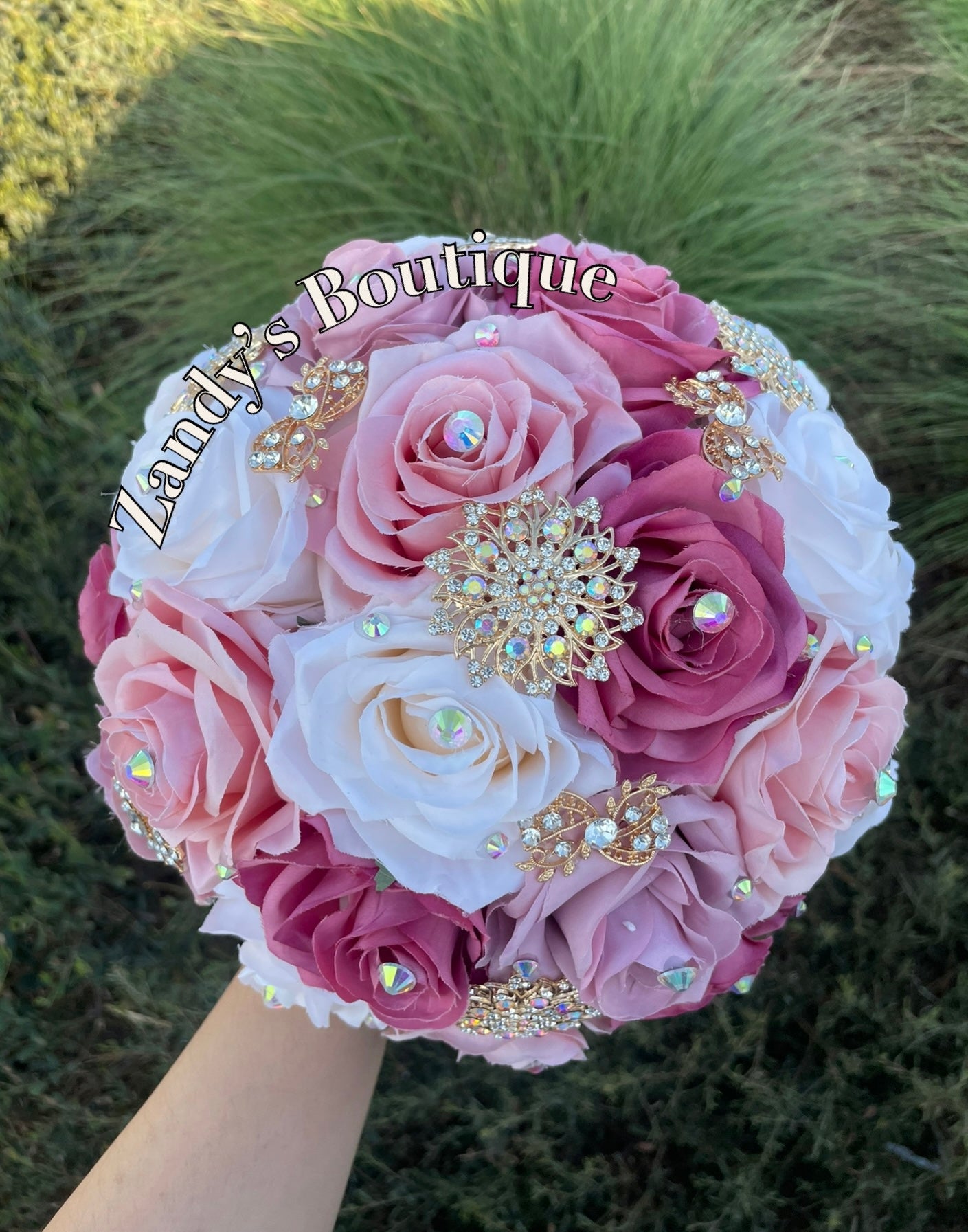 Cream, Blush, Mauve, and Magenta with gold brooches bouquet. CRBLMA010 by MARINA'S CRAFT.