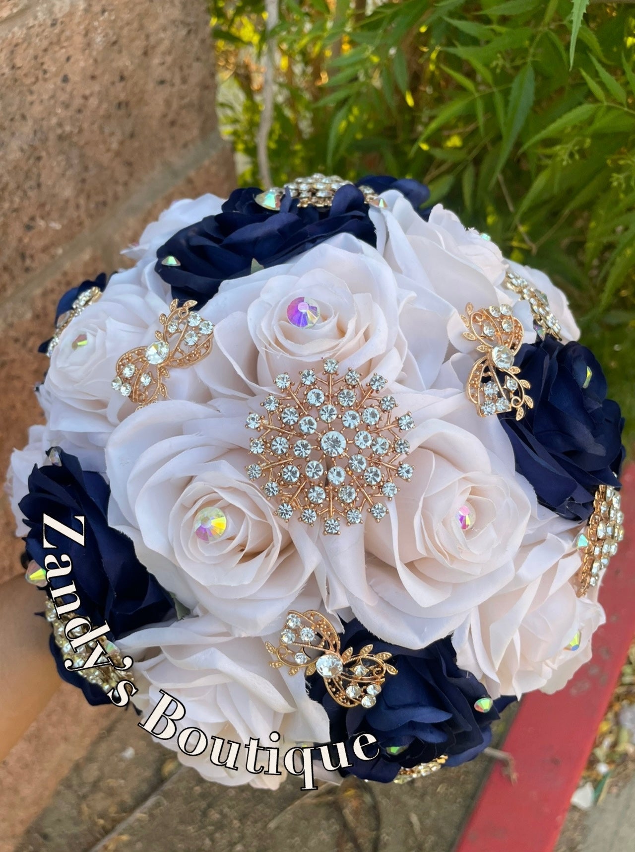 Cream with Navy Blue and Gold Brooches. CRNB40 by MARINA’S CRAFT