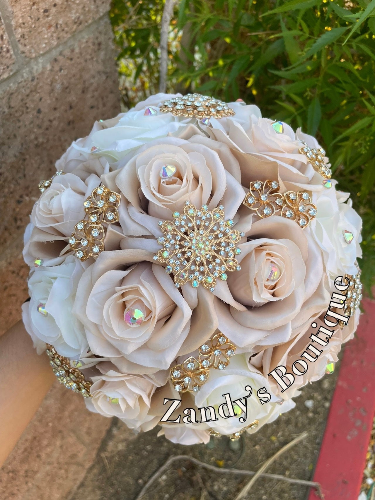 Champagne and Ivory with Gold Brooches Bouquet. CHI017 by MARINA’S CRAFT.