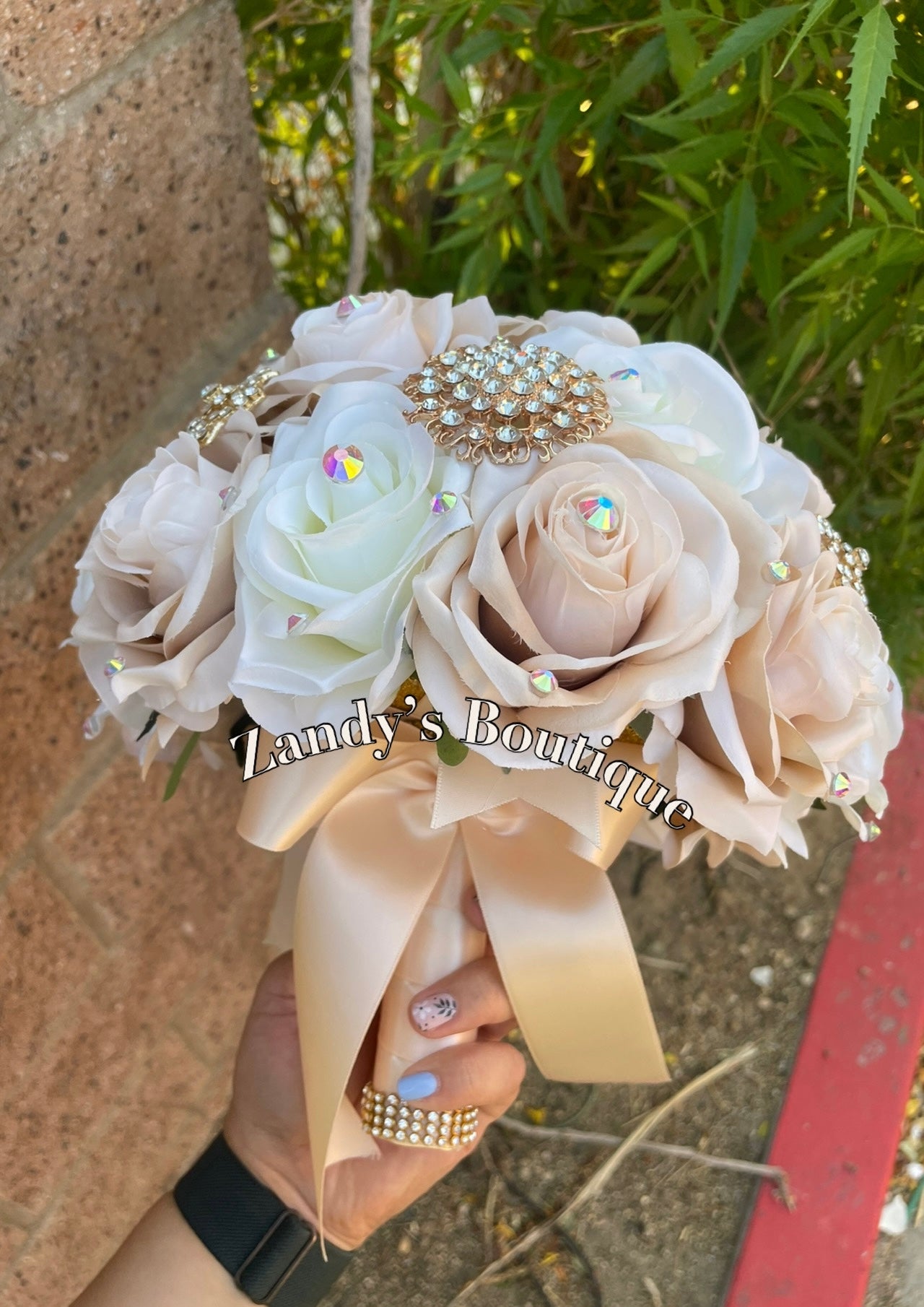 Champagne and Ivory with Gold Brooches Bouquet. CHI017 by MARINA’S CRAFT.