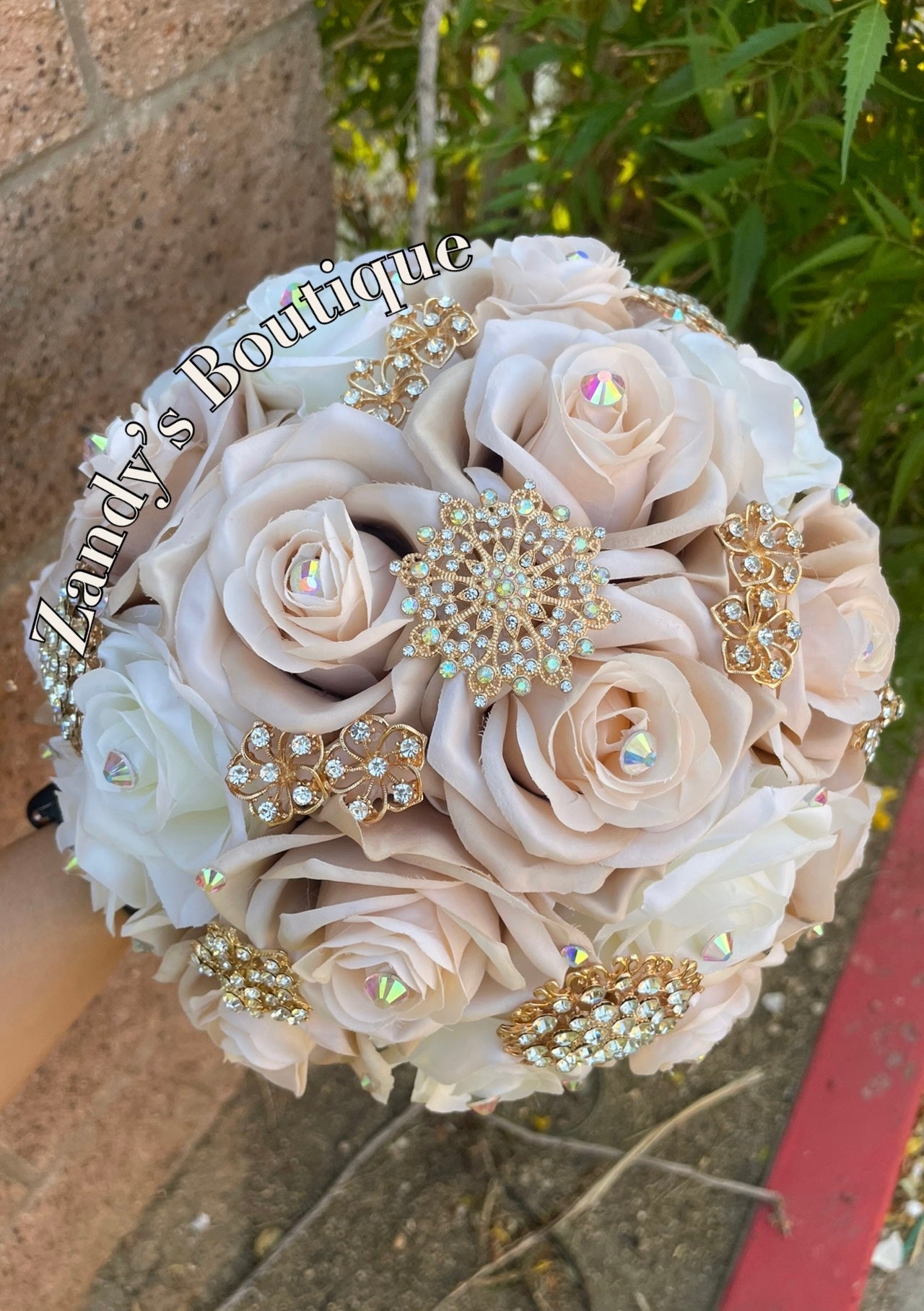 Champagne and Ivory with Gold Brooches Bouquet. CHI017 by MARINA’S CRAFT.