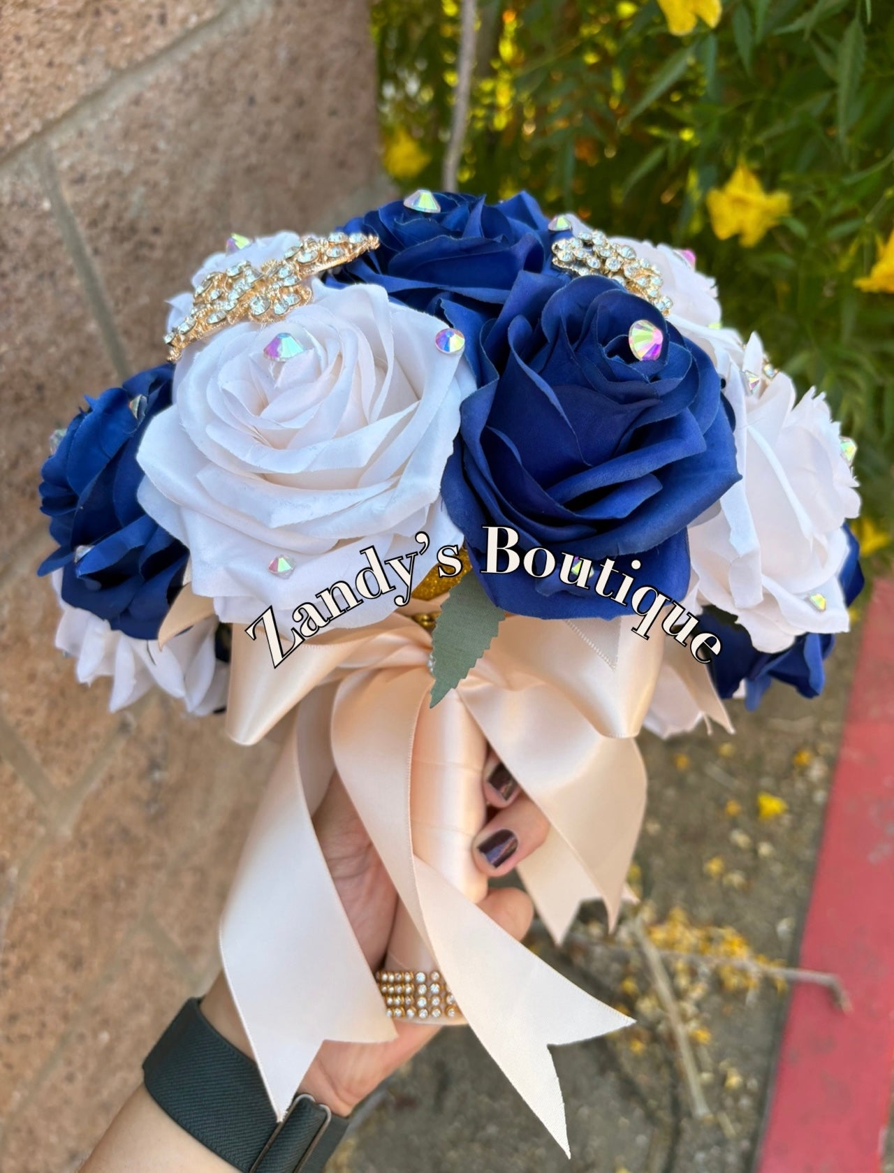Cream and Royal Blue with Gold Butterfly Brooches Bouquet. CRRB029 by MARINA’S CRAFT.