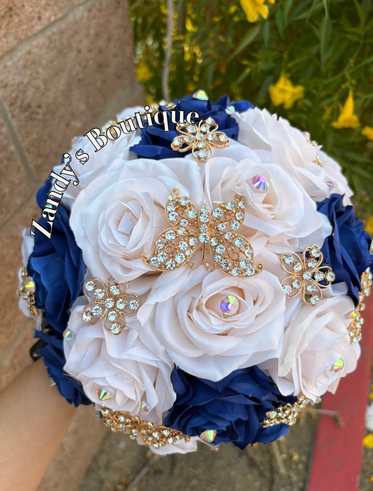 Cream and Royal Blue with Gold Butterfly Brooches Bouquet. CRRB029 by MARINA’S CRAFT.