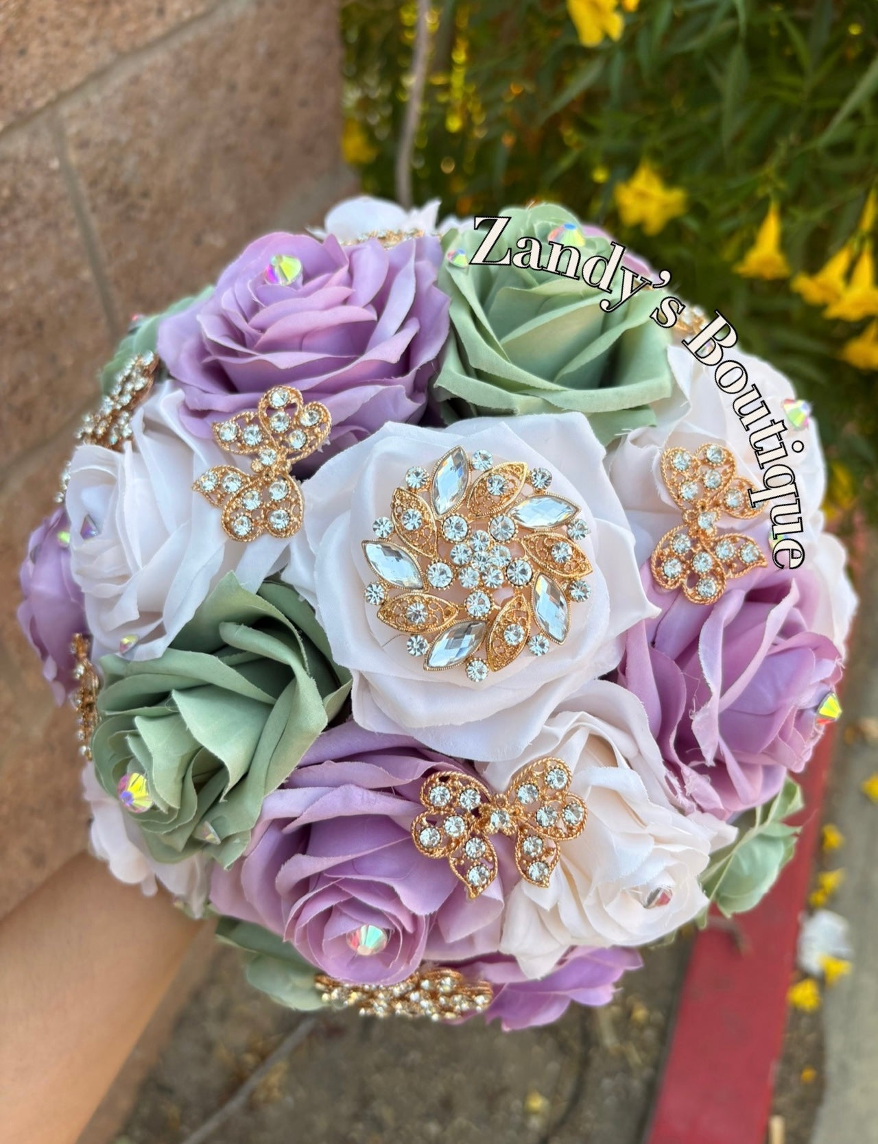 Sage, Lilac and Cream Bouquet Along with Sparkly Gold Brooches Bouquet SLCR006 by MARINA'S CRAFT.