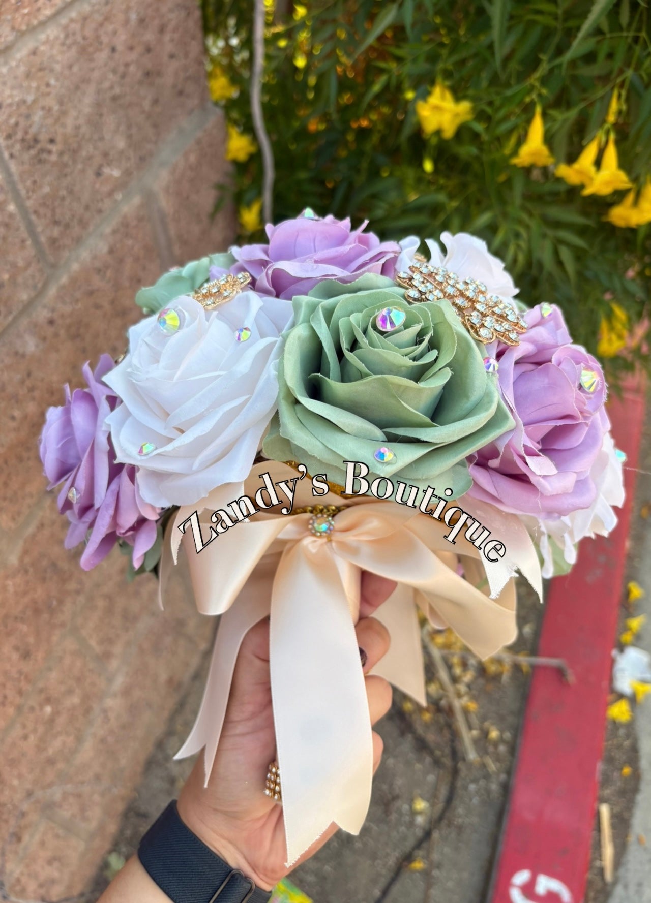 Sage, Lilac and Cream Bouquet Along with Sparkly Gold Brooches Bouquet SLCR006 by MARINA'S CRAFT.