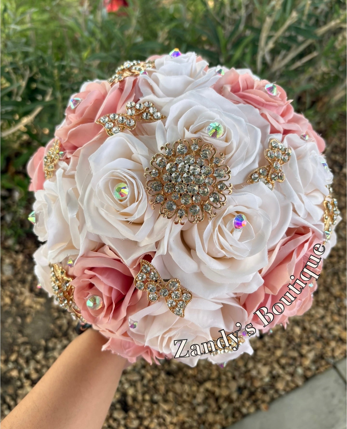 Cream and Blush with Gold Brooches Bouquet. CRBL026 by MARINA’S CRAFT.