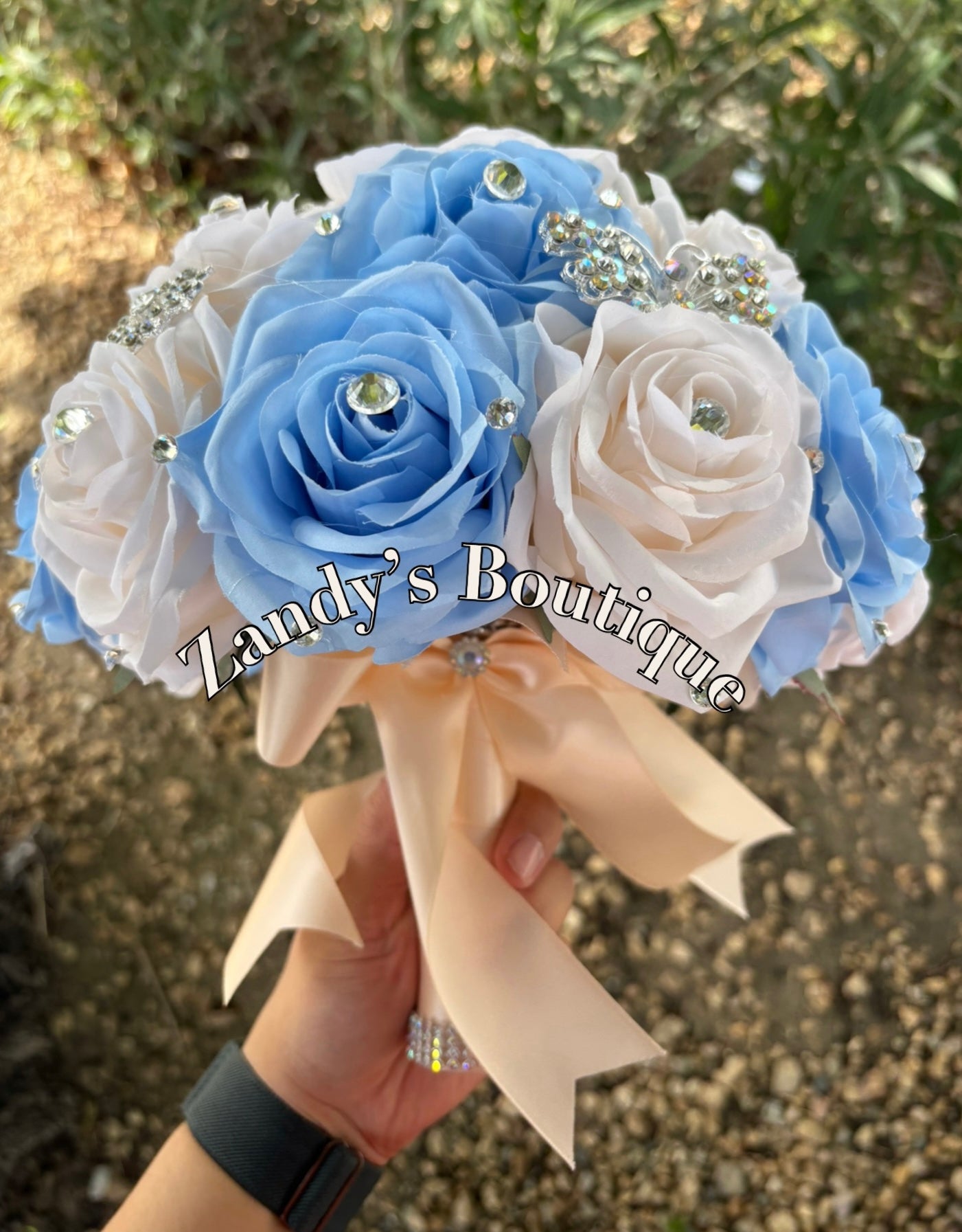 Light Blue and Cream with Silver Butterfly Brooches Bouquet. LBCR027 by MARINA’S CRAFT.
