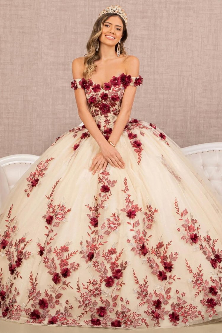 3D Flower Quinceañera Gown off shoulder. Gl3105(GLS) by Elizabeth K