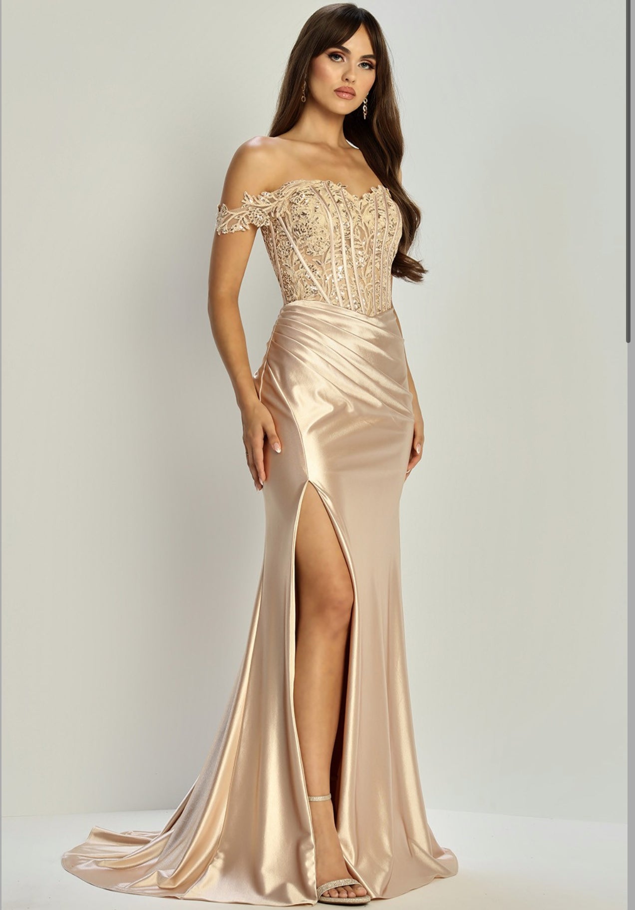 3-D Flower Embroidery Chiffon A-line Long Dress w/ Sheer Short Sleeves. Gl3352 GLS BY GLORIA