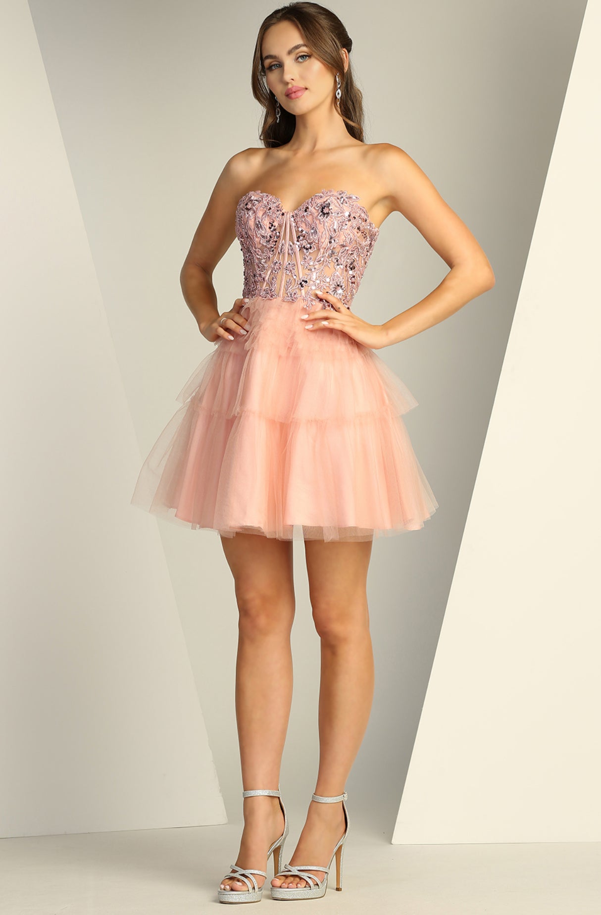 Pleated Mesh Skirt Sheer Bodice sequin Embellishment. 1059 by ADORA DESIGN