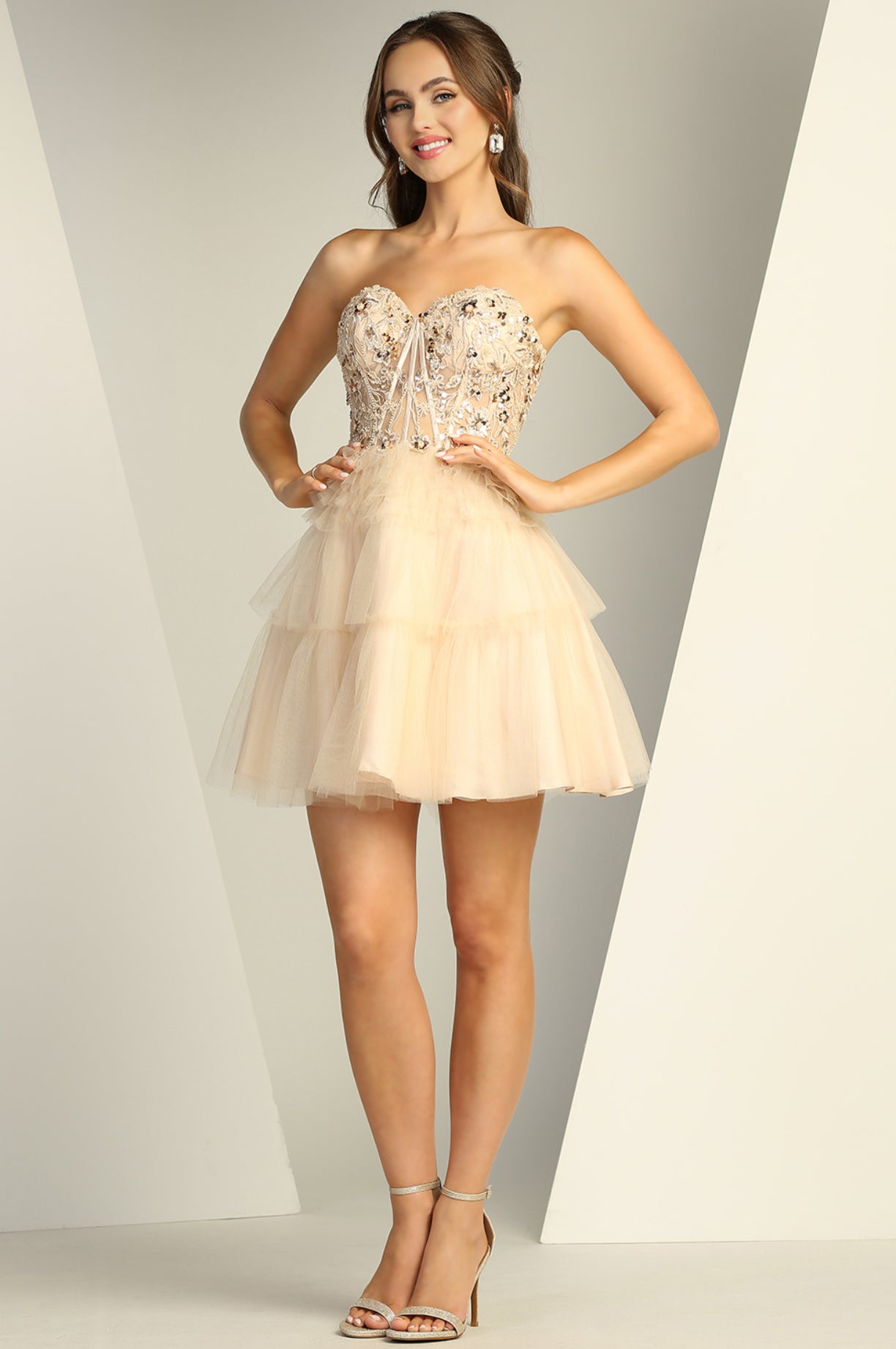 Pleated Mesh Skirt Sheer Bodice sequin Embellishment. 1059 by ADORA DESIGN