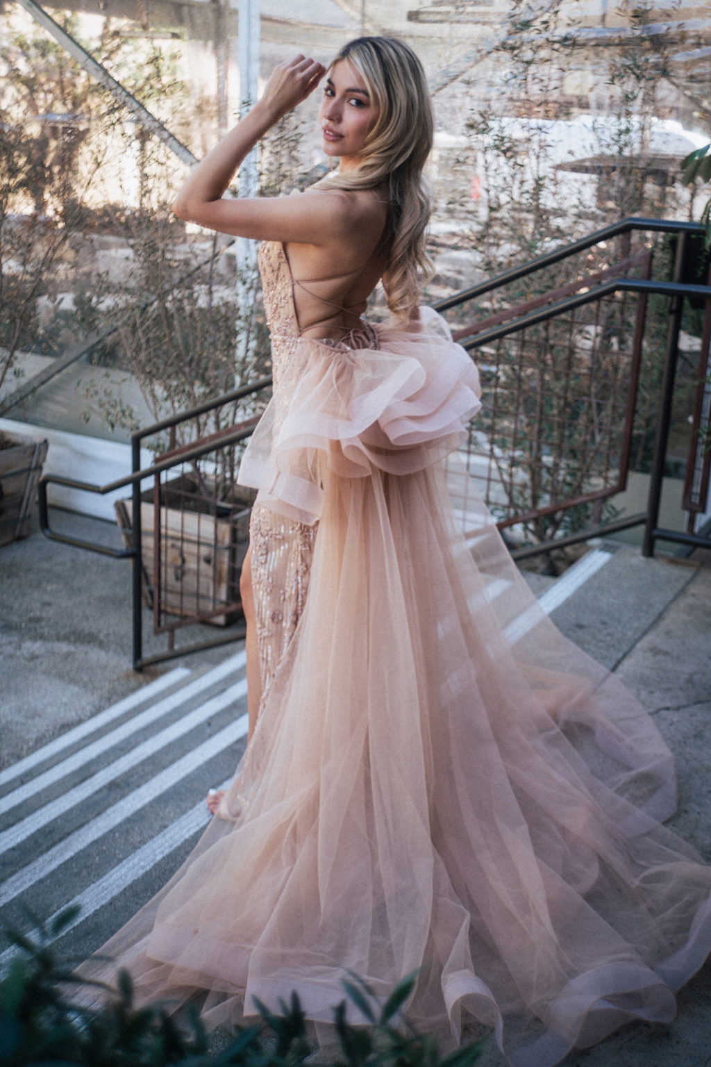 Jewel Embellished Mesh Mermaid Dress w/ Side Slit and Detached Mesh Layer GL3003 GLS BY GLORIA
