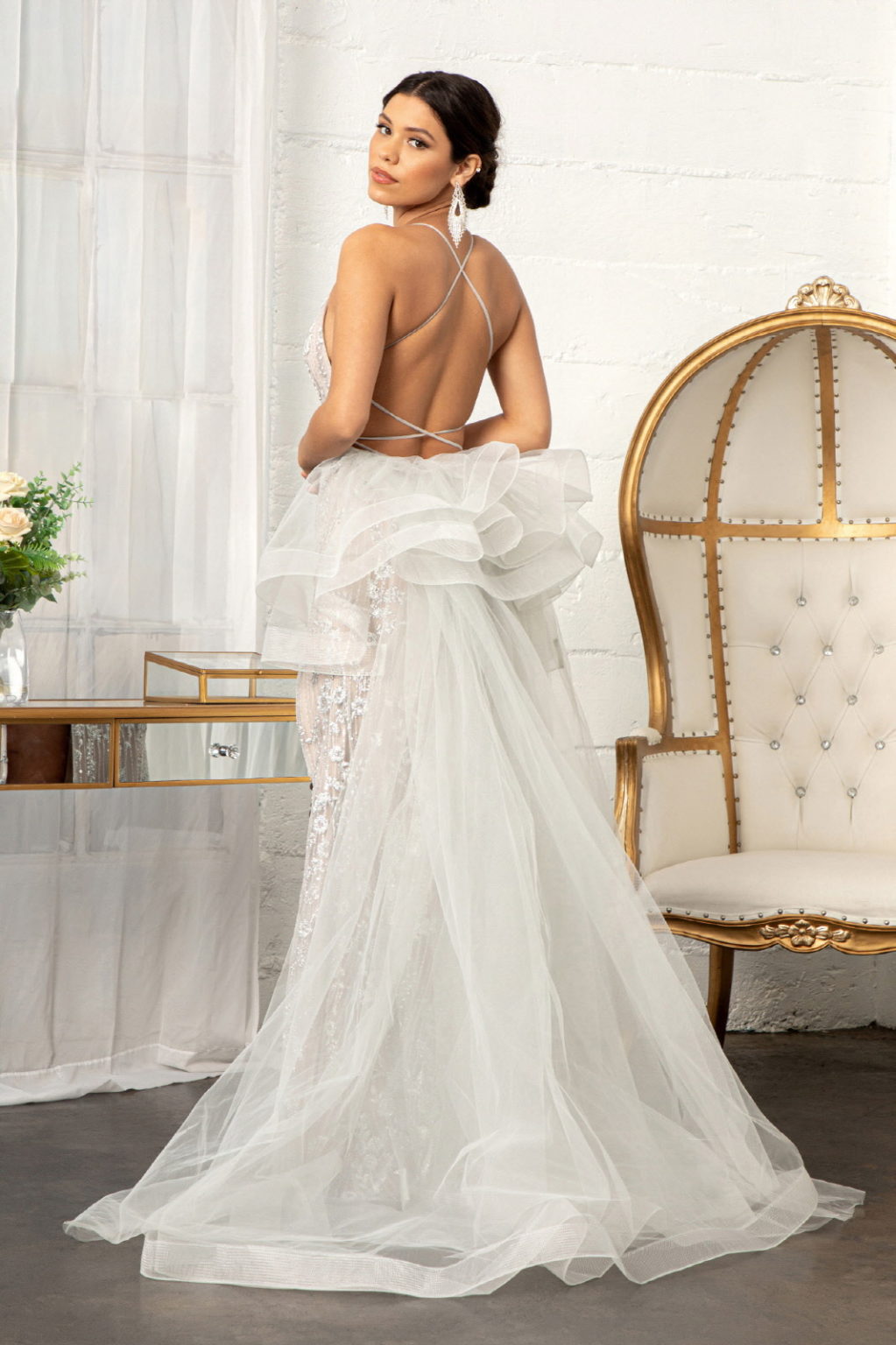 Jewel Embellished Mesh Mermaid Dress w/ Side Slit and Detached Mesh Layer GL3003 GLS BY GLORIA