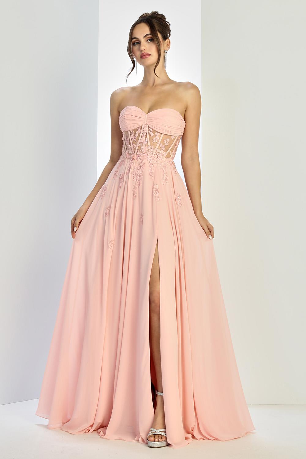 LONG STRAPLESS A-LINE DRESS WITH EMBROIDERED CORSET 3264 BY ADORA DESIGN