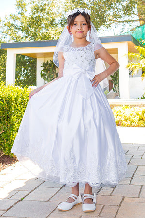 communion dress with beads and laces, back satin sash. 2912 BY Cinderella Couture