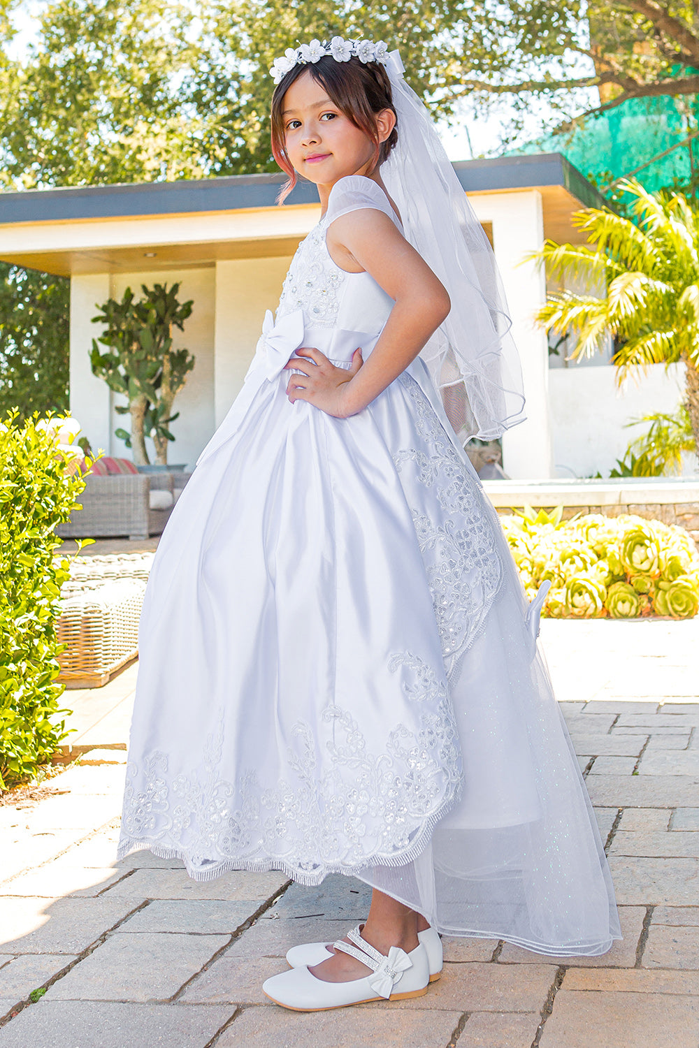 communion dress with beads and laces, back satin sash. 2912 BY Cinderella Couture