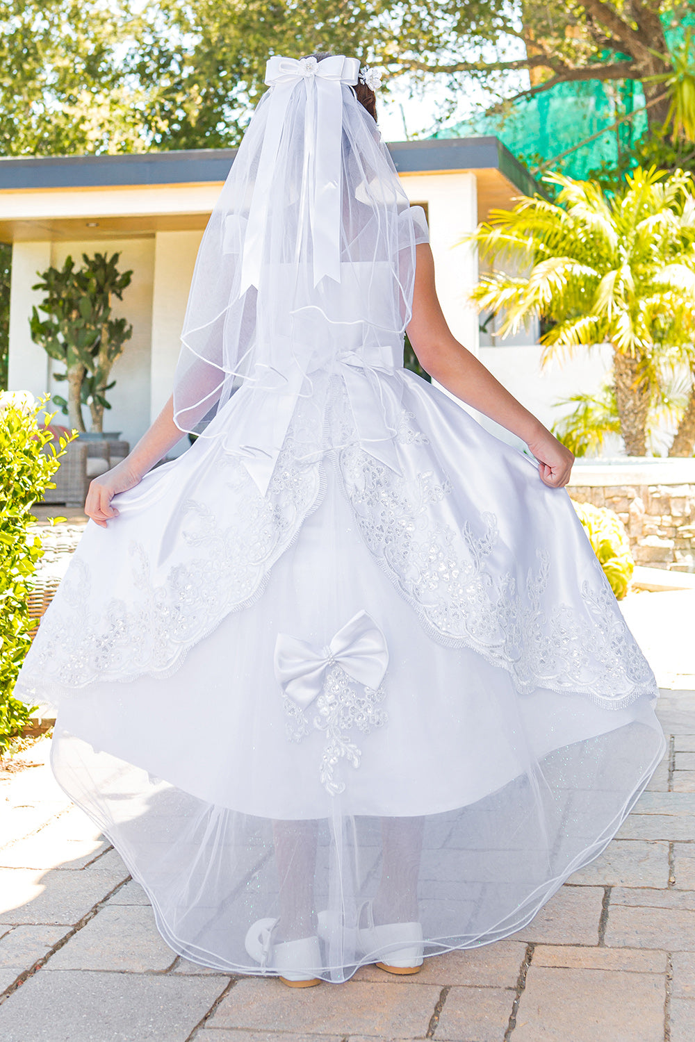 communion dress with beads and laces, back satin sash. 2912 BY Cinderella Couture