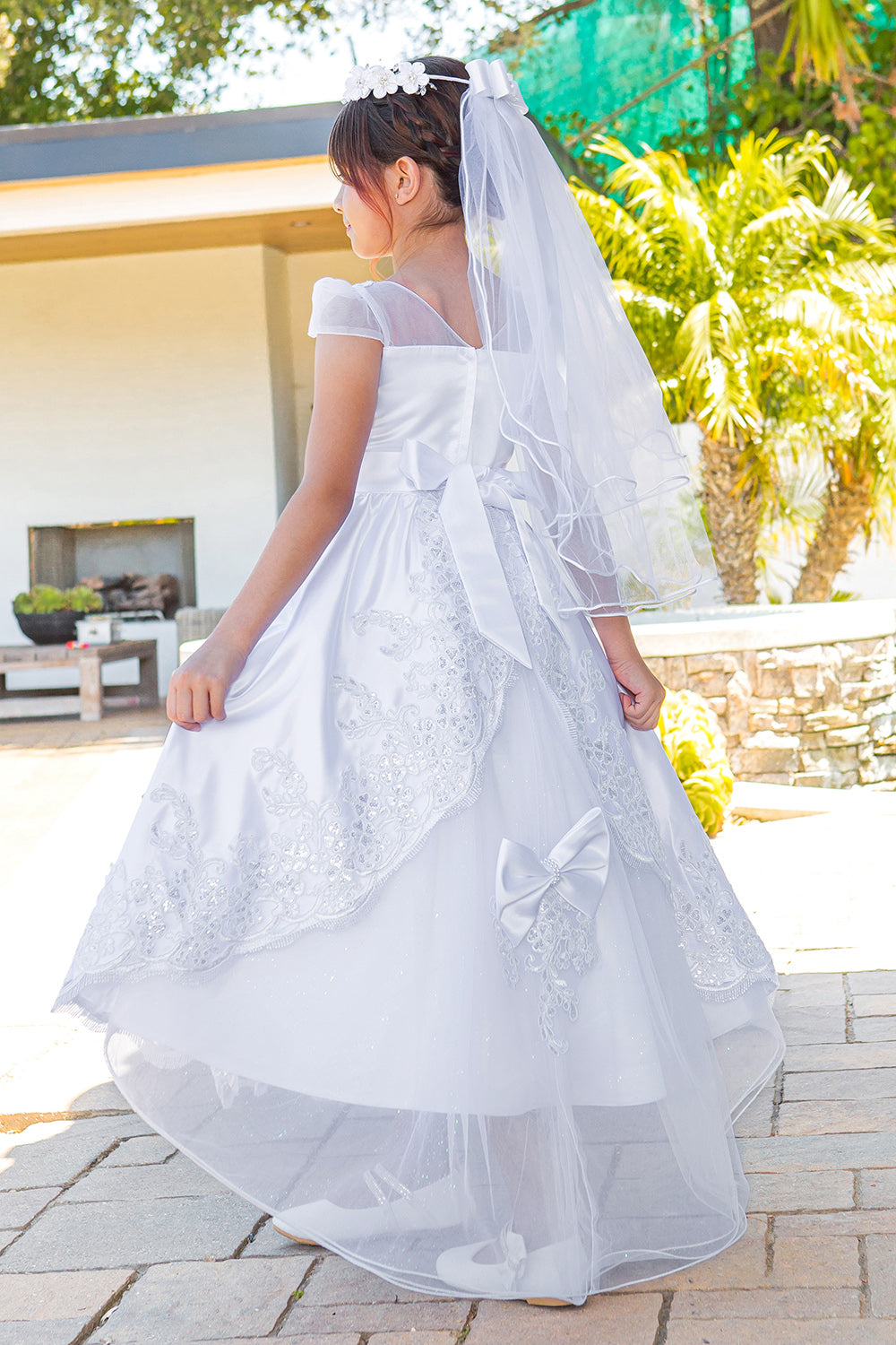 communion dress with beads and laces, back satin sash. 2912 BY Cinderella Couture
