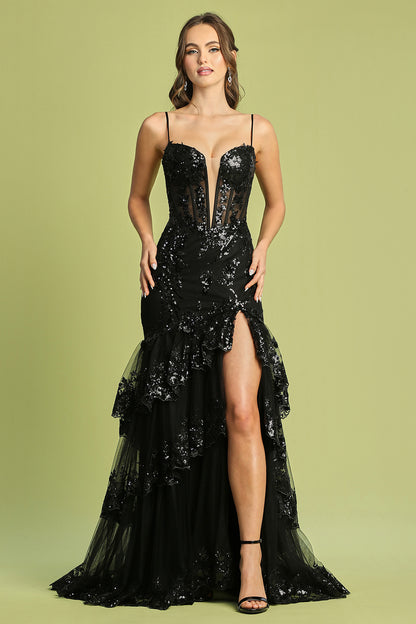 Formal Dress offers a stunning, fitted silhouette with intricate applique detailing and sparkling sequins. 3219 BY ADORA DESIGN