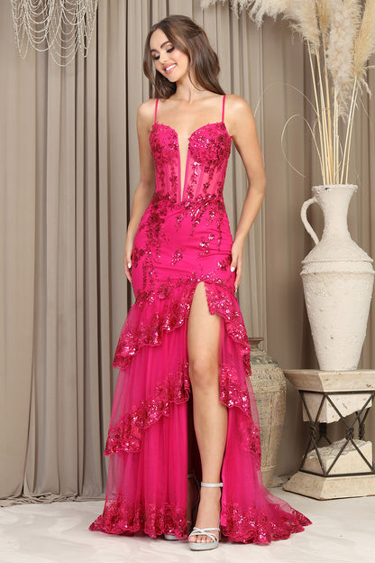 Formal Dress offers a stunning, fitted silhouette with intricate applique detailing and sparkling sequins. 3219 BY ADORA DESIGN