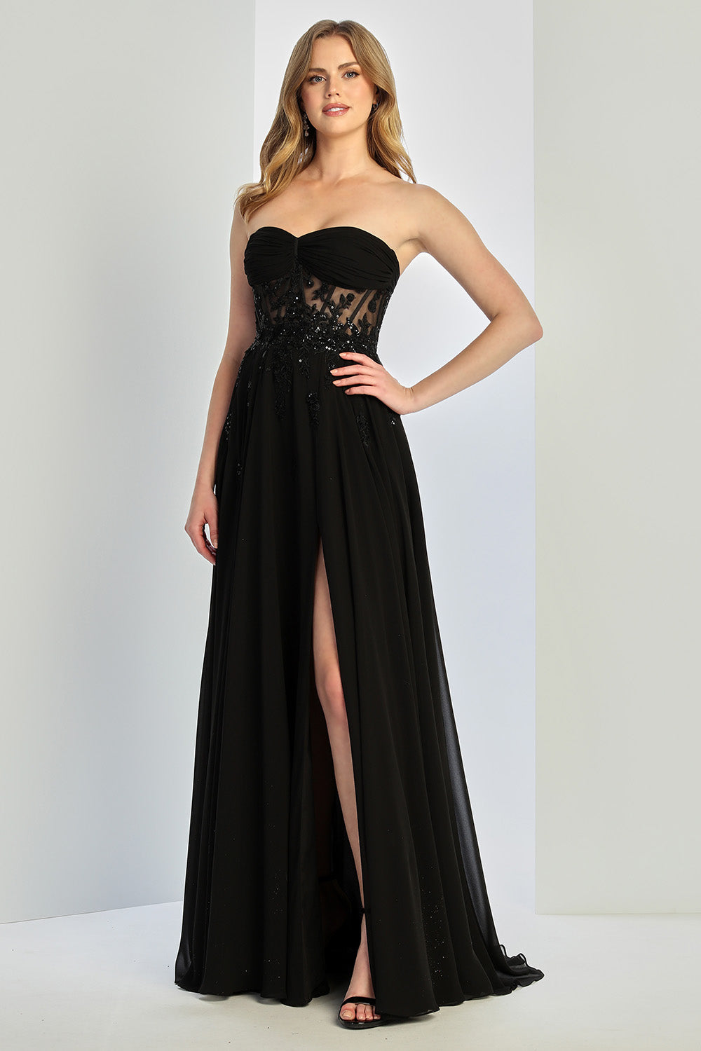 LONG STRAPLESS A-LINE DRESS WITH EMBROIDERED CORSET 3264 BY ADORA DESIGN