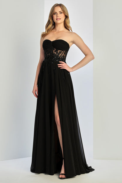LONG STRAPLESS A-LINE DRESS WITH EMBROIDERED CORSET 3264 BY ADORA DESIGN