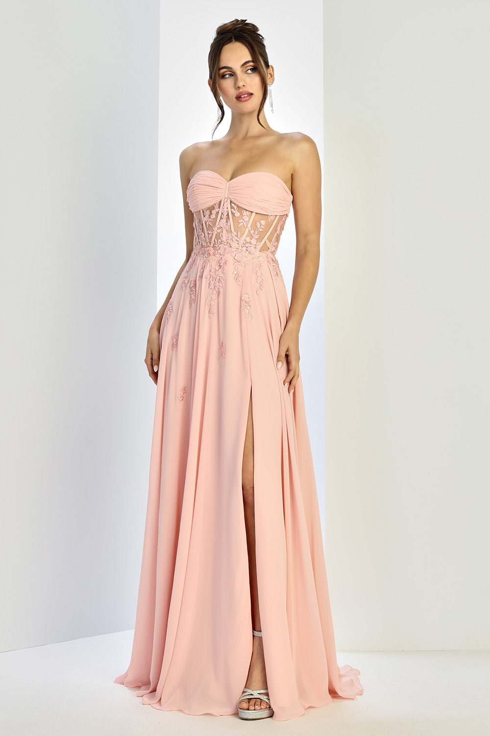 LONG STRAPLESS A-LINE DRESS WITH EMBROIDERED CORSET 3264 BY ADORA DESIGN