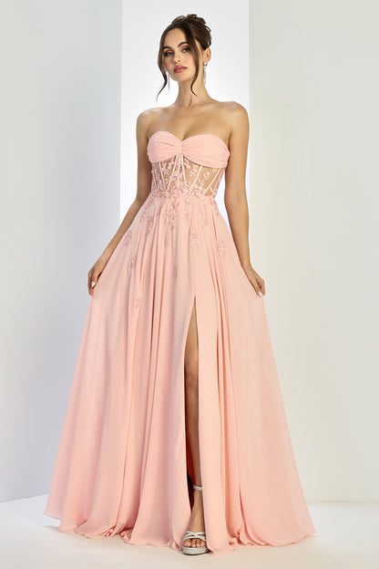 LONG STRAPLESS A-LINE DRESS WITH EMBROIDERED CORSET 3264 BY ADORA DESIGN