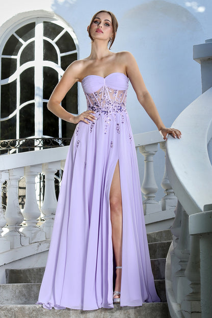 LONG STRAPLESS A-LINE DRESS WITH EMBROIDERED CORSET 3264 BY ADORA DESIGN
