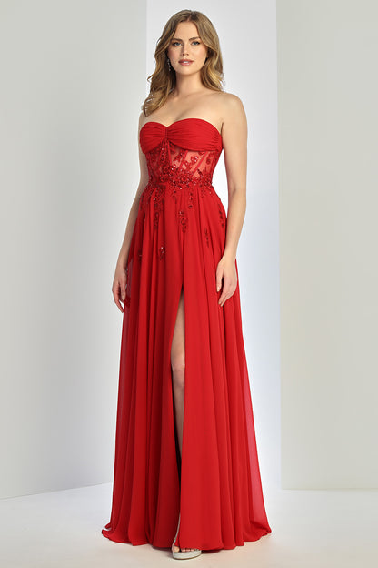 LONG STRAPLESS A-LINE DRESS WITH EMBROIDERED CORSET 3264 BY ADORA DESIGN