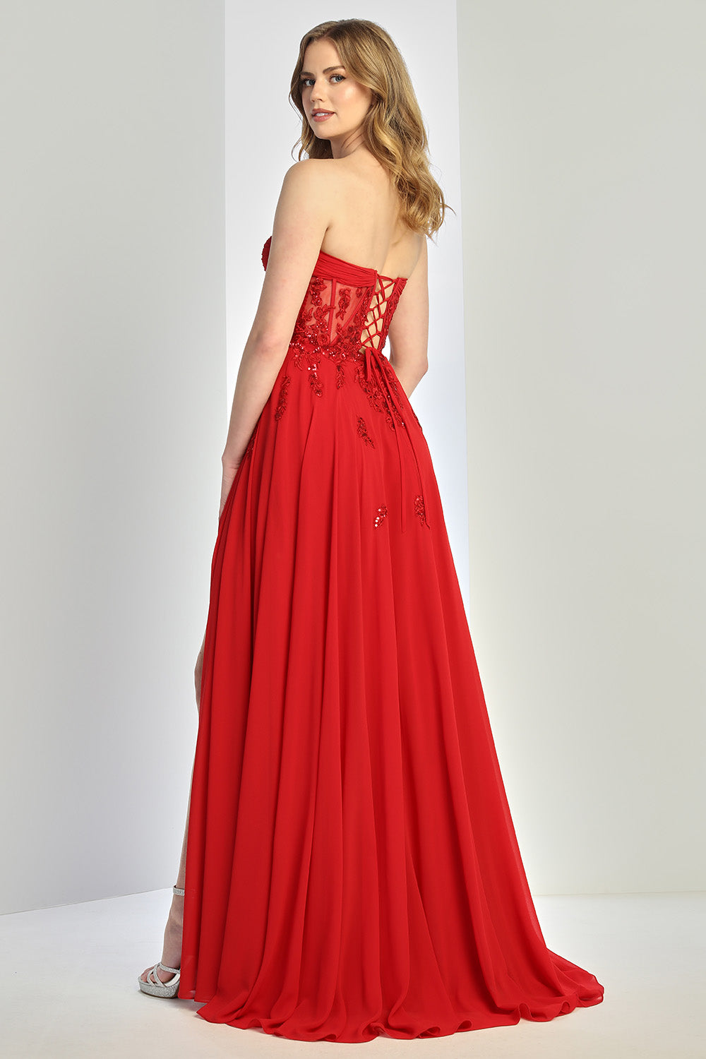 LONG STRAPLESS A-LINE DRESS WITH EMBROIDERED CORSET 3264 BY ADORA DESIGN