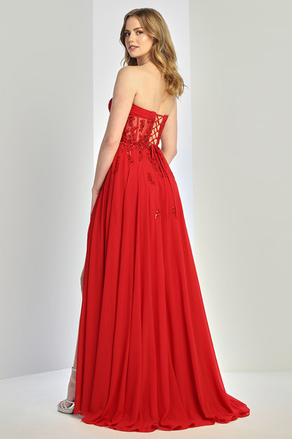 LONG STRAPLESS A-LINE DRESS WITH EMBROIDERED CORSET 3264 BY ADORA DESIGN