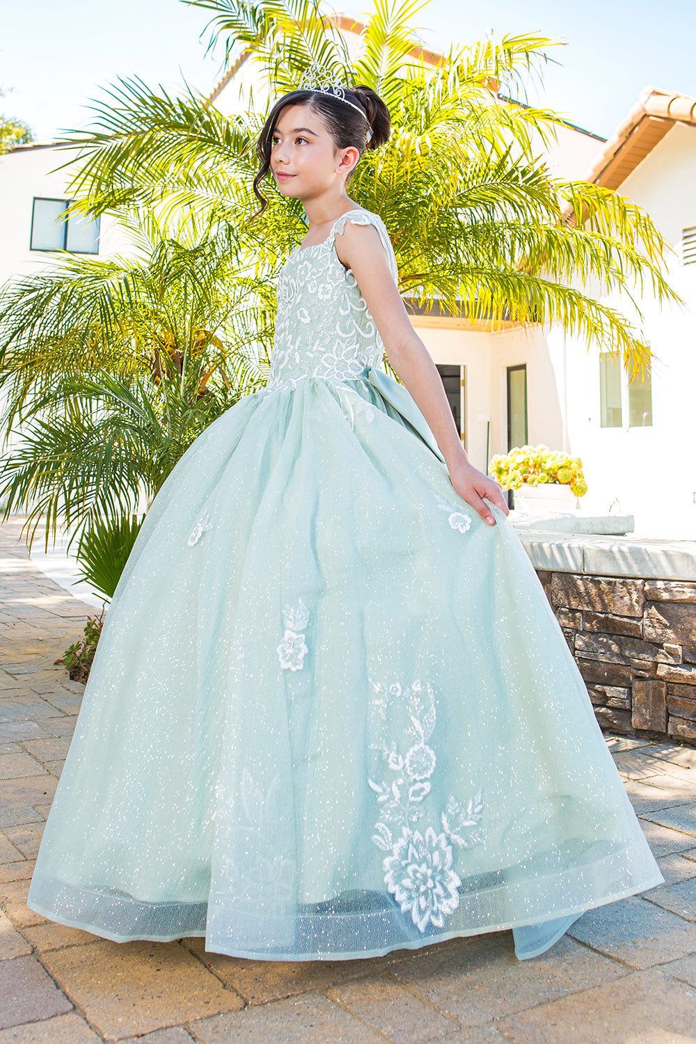 3d puff print elegant dress with detachable back ribbon 5116 BY CIDERELLA COUTURE