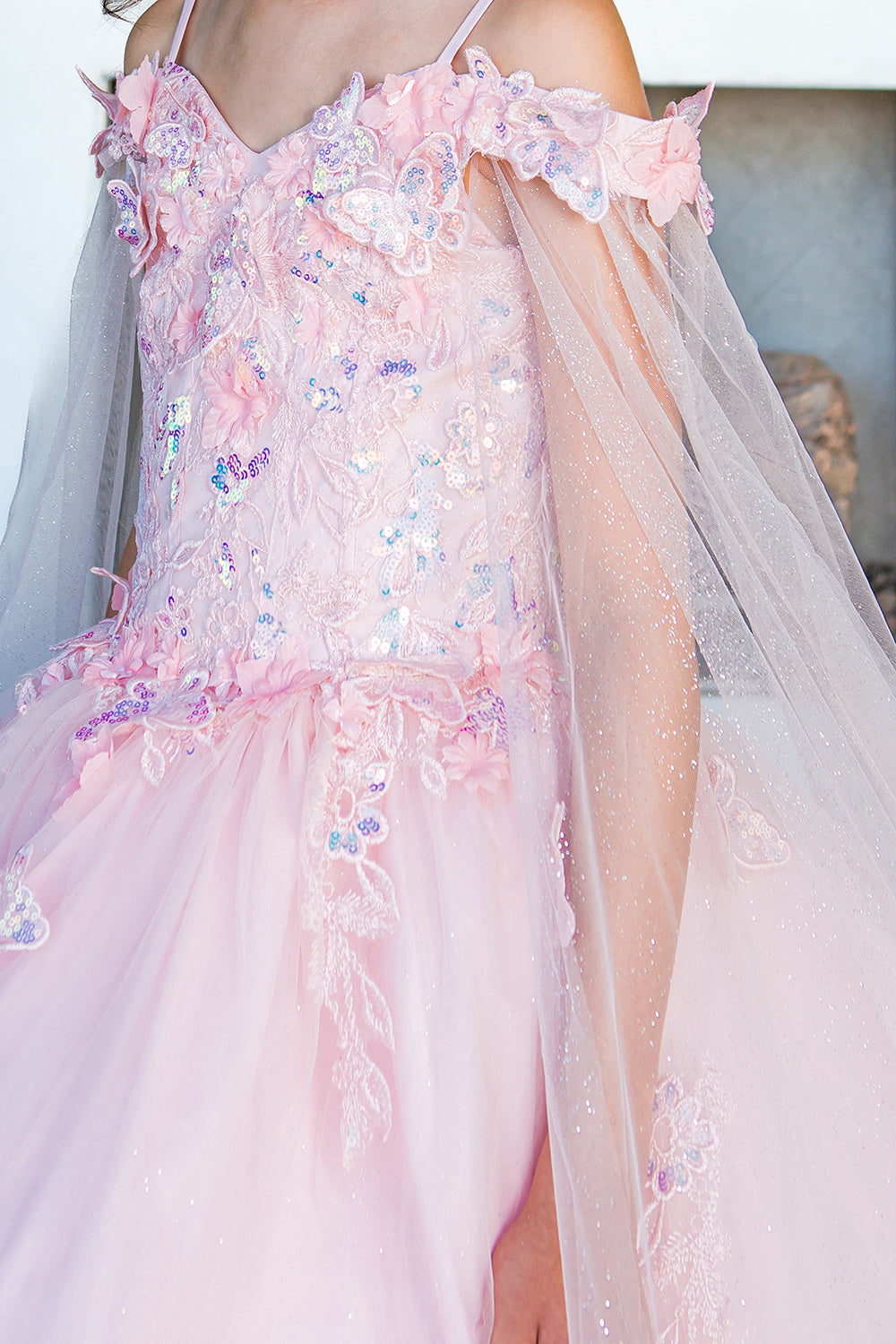 3D floral off shoulder ball gown with glitter skirt, 8075 by Cinderella Couture