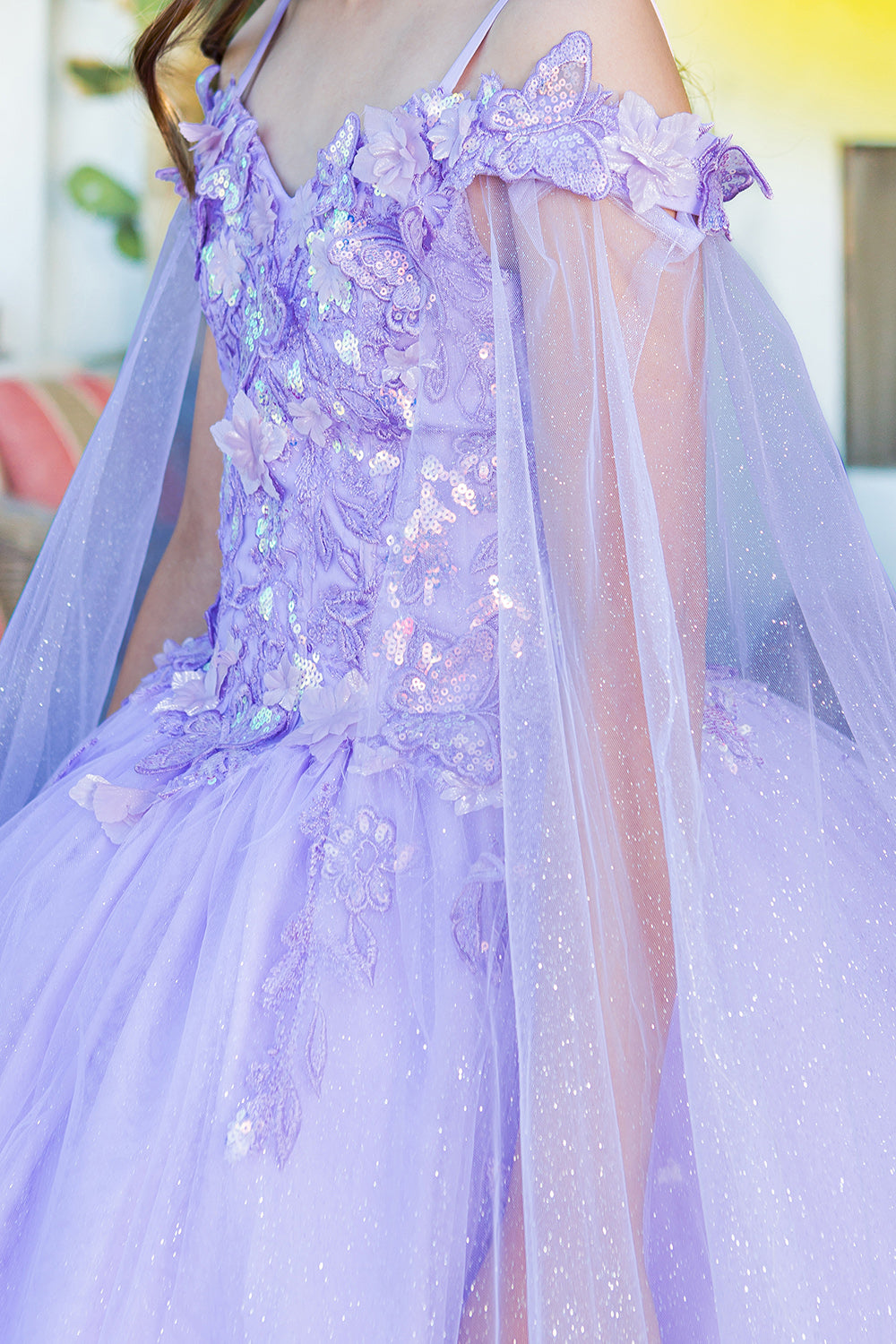 3D floral off shoulder ball gown with glitter skirt, 8075 by Cinderella Couture