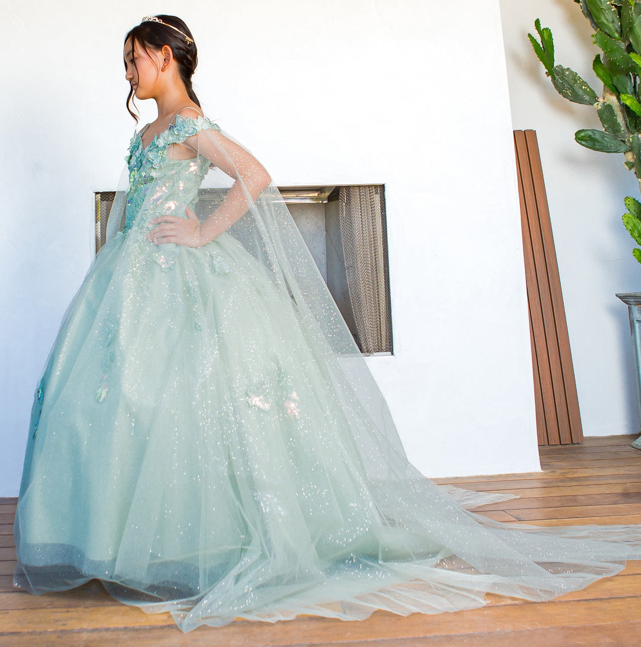 3D floral off shoulder ball gown with glitter skirt, 8075 by Cinderella Couture
