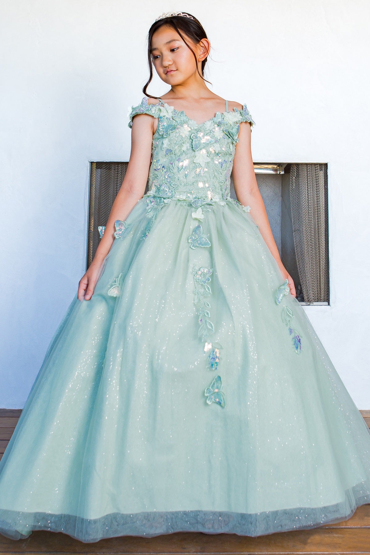 3D floral off shoulder ball gown with glitter skirt, 8075 by Cinderella Couture