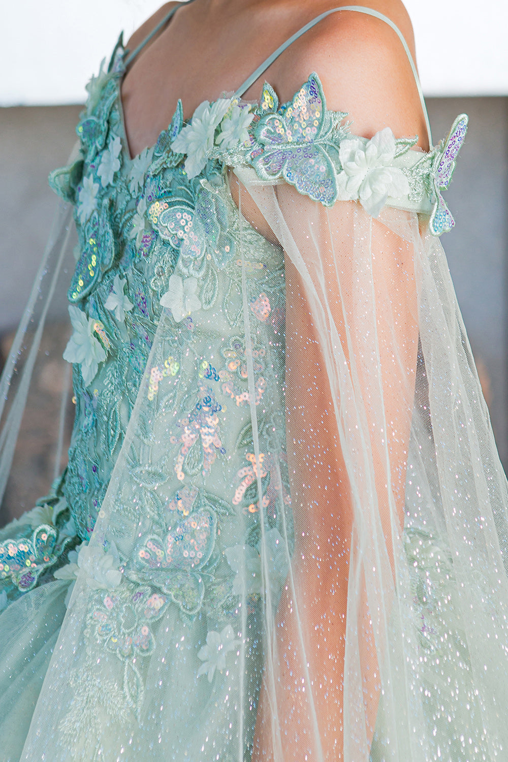 3D floral off shoulder ball gown with glitter skirt, 8075 by Cinderella Couture