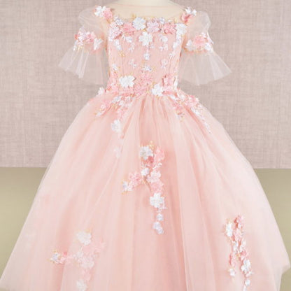 3D Floral Applique Mesh Kids Dress, GK107 GLS BY ELIZABETH K